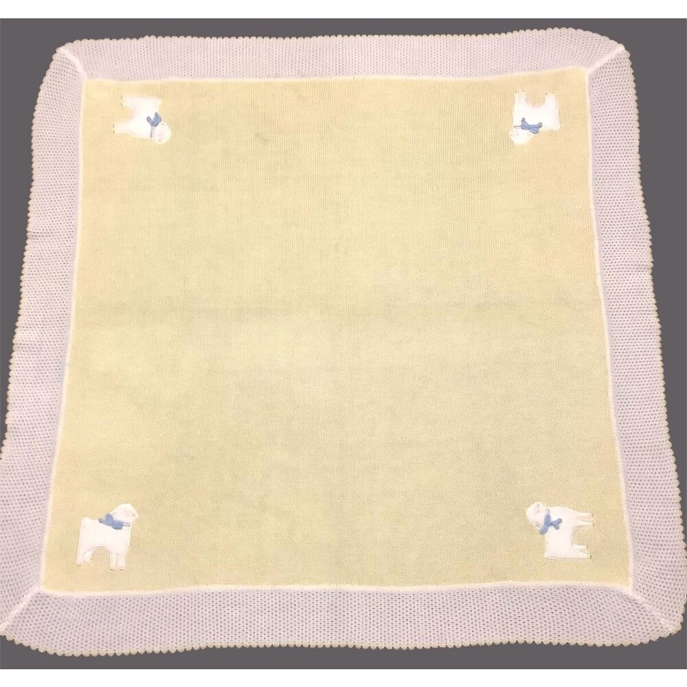 VTG Baby Kisses Yellow White Acrylic Weave Baby Baptism Blanket Embroidered Lamb - Picture 3 of 5